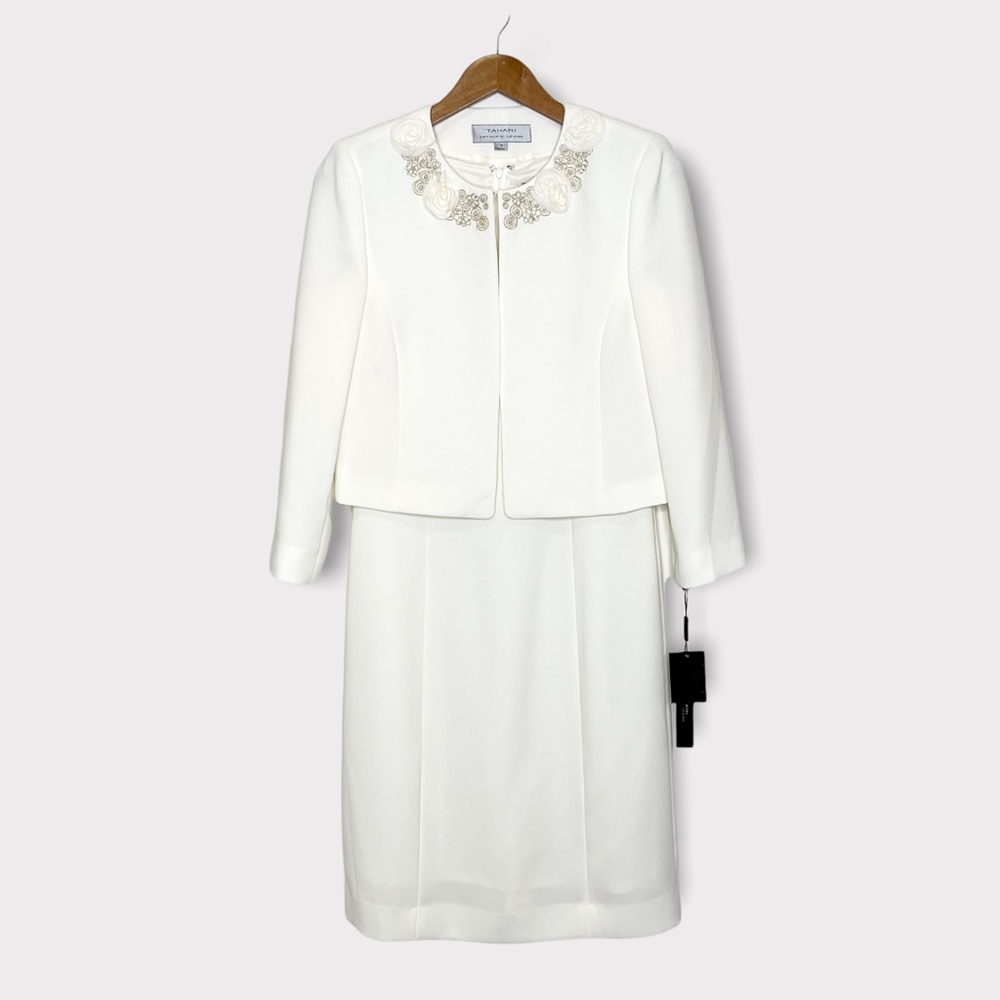 Tahari Women’s Sheath Dress & Cropped Jacket Off White 4
